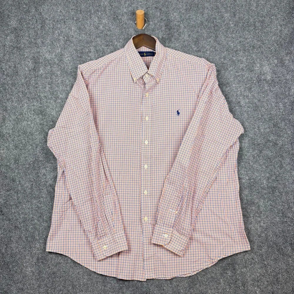 Ralph Lauren Button Down Mens XL Orange Blue Check Long Sleeve Cotton Shirt 0400